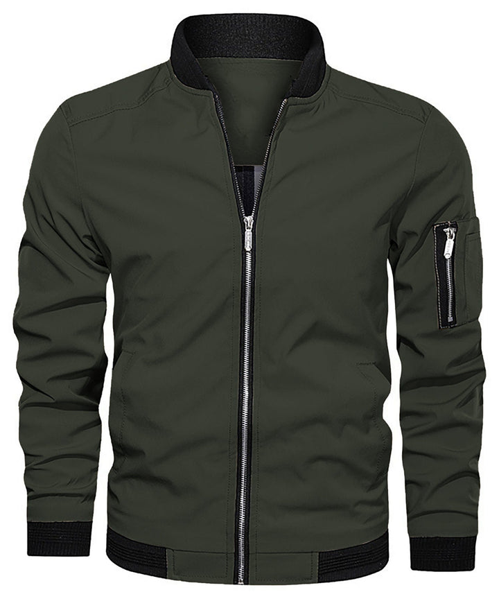 Close-up of the collar and full-zip detail on a men's lightweight bomber jacket, suitable for fall.