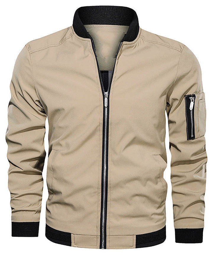 Model wearing a men's lightweight bomber jacket, showcasing its comfortable fit for casual outerwear.