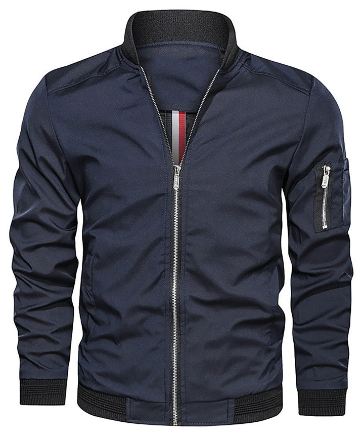 Back view of a men's full-zip bomber jacket, emphasizing its clean lines and lightweight construction.