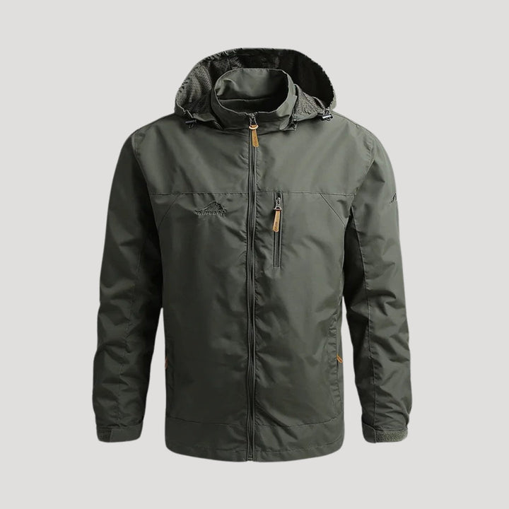 Men's lightweight hooded zip-up jacket in olive green for spring outdoor wear, front view.