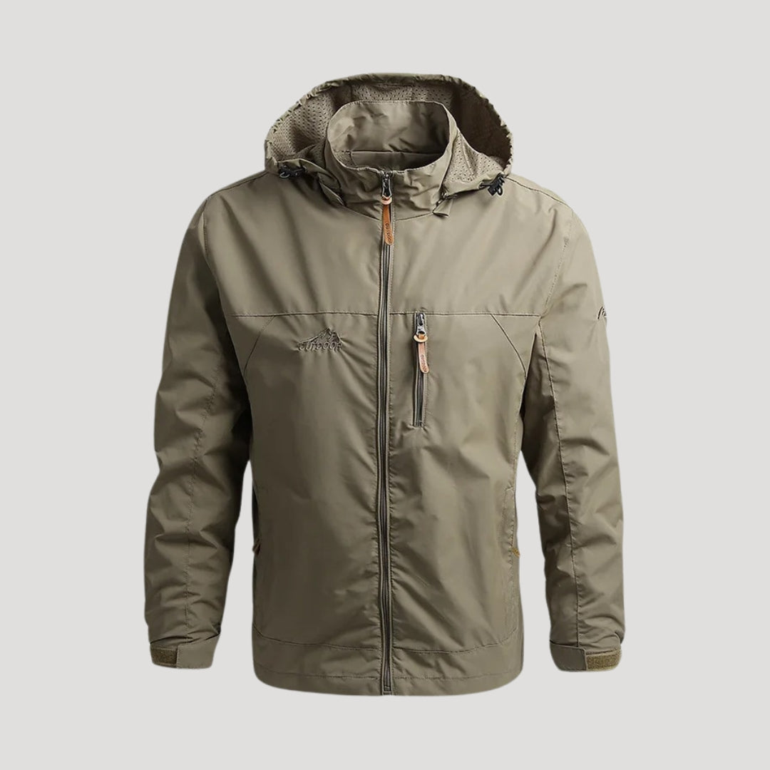 Casual men's travel jacket with hood, zip closure, and pockets, ideal for transitional spring weather.