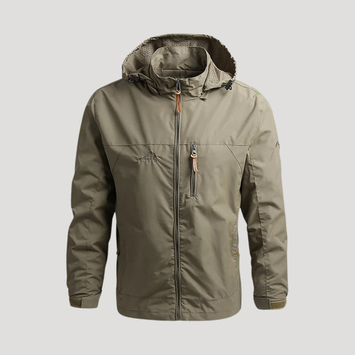 Casual men's travel jacket with hood, zip closure, and pockets, ideal for transitional spring weather.