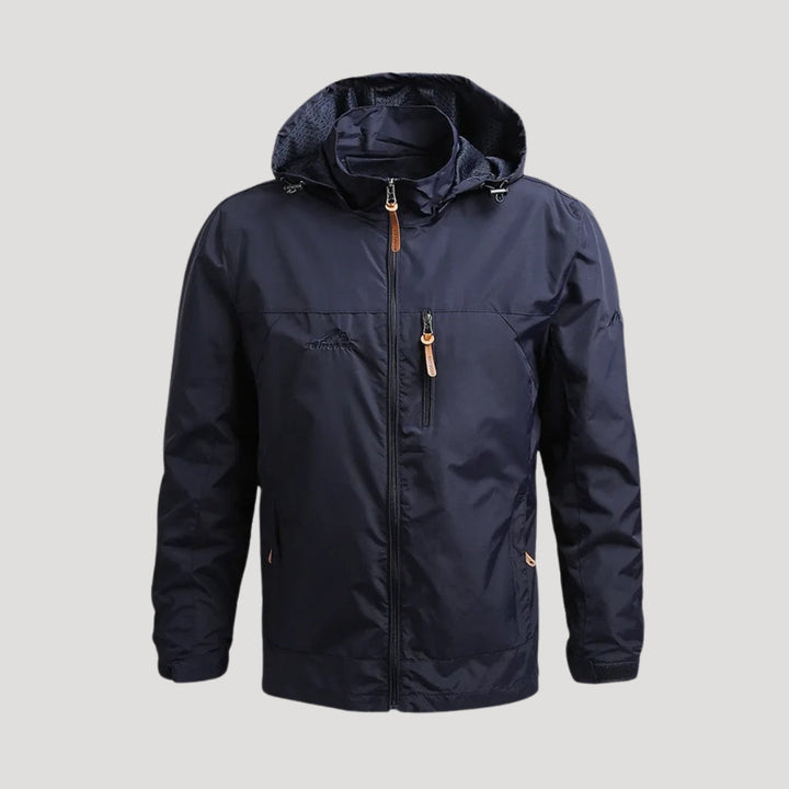 Close-up of the breathable fabric and durable zipper on a men's lightweight spring outdoor jacket.