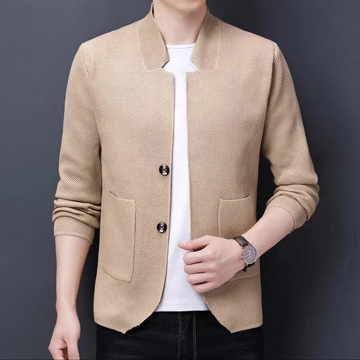 Close-up of a men's lightweight knit blazer fabric, highlighting the breathable texture and quality.