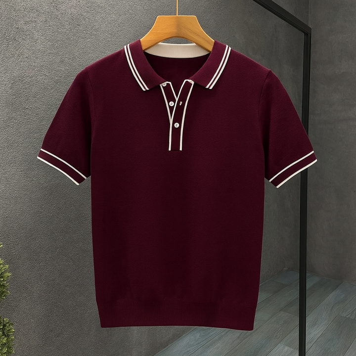 Smart casual men's knit polo shirt. Breathable short-sleeve top perfect for summer style & comfort.