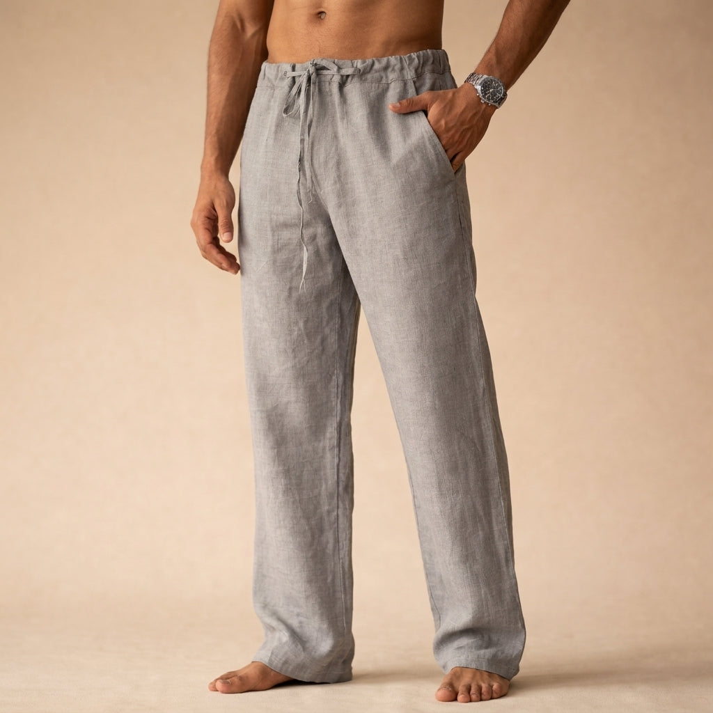 Comfortable men's linen trousers for summer, designed for a relaxed and cool feel.