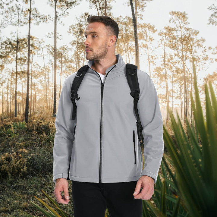 Close-up of the zipper and pockets on a men's lightweight bomber jacket, practical features.