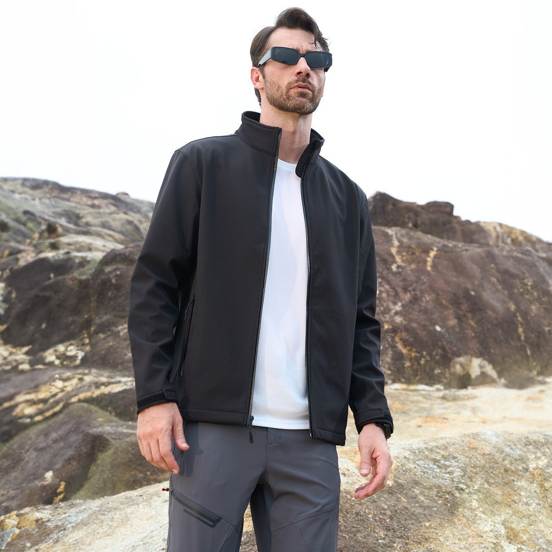 Folded men's black bomber jacket, a compact and practical men's outerwear option.