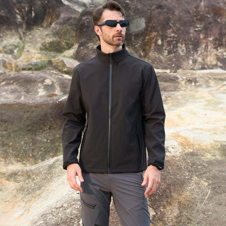 Detail of the ribbed collar on a men's modern bomber jacket, showcasing quality.