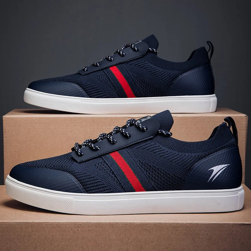 Close-up of men's gray knit athletic sneakers, breathable mesh for casual everyday wear