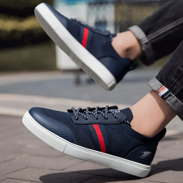 Men's athletic knit shoes, focused on the lightweight sole and flexible upper for comfort