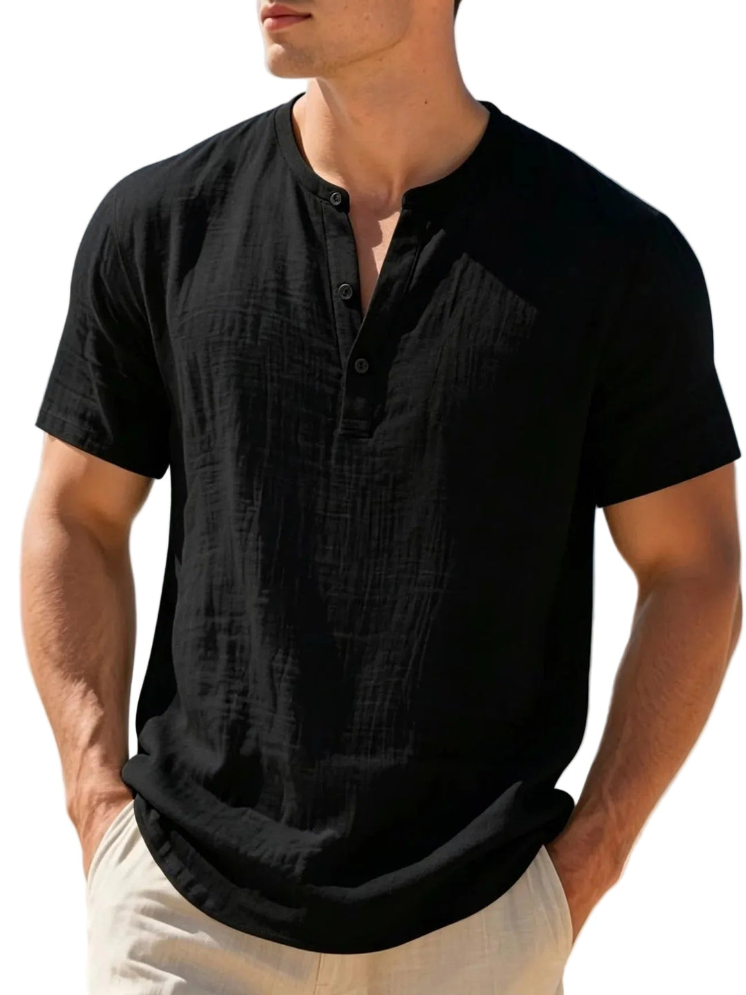 Comfortable short-sleeve men's Henley shirt, offering a breathable solution for hot weather and relaxed occasions.