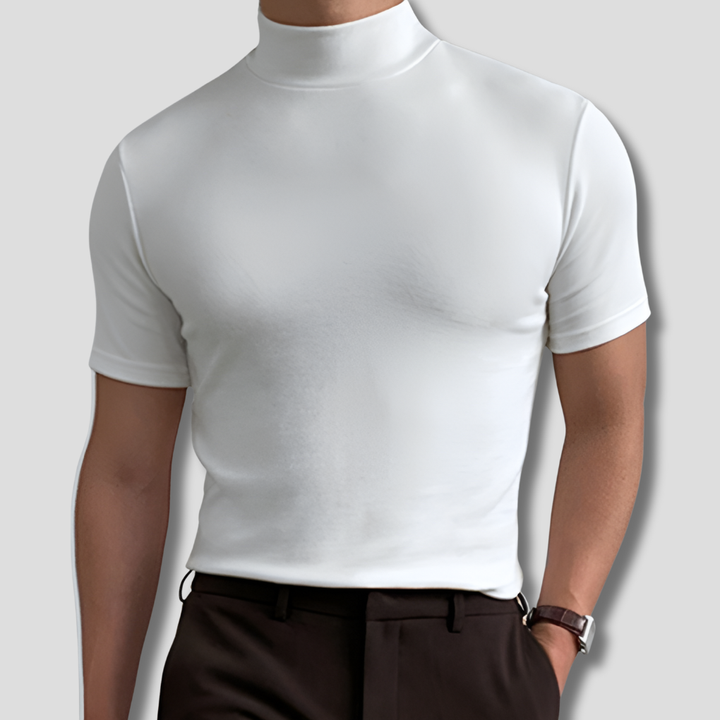 Men's lightweight short-sleeve turtleneck shirt in a modern basic style, perfect for summer casual wear.