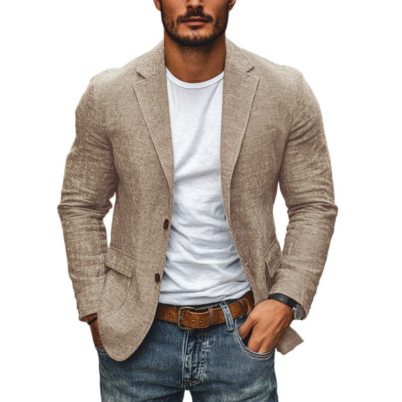 Close-up of men's lightweight single-breasted blazer fabric. Breathable texture for summer comfort & style.