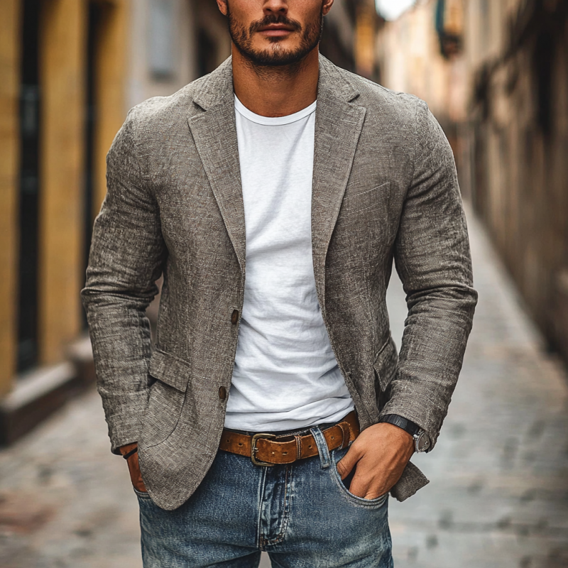 Tailored back of men's lightweight single-breasted blazer. Elegant cut for a modern, sophisticated warm-weather look.