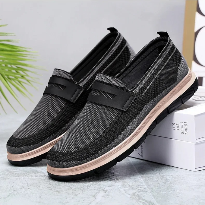 Casual men's slip-on shoes with a breathable knit upper for comfort.