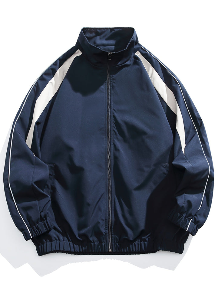 Men's lightweight zip-front windbreaker jacket with stand collar, ideal for activewear & casual style.