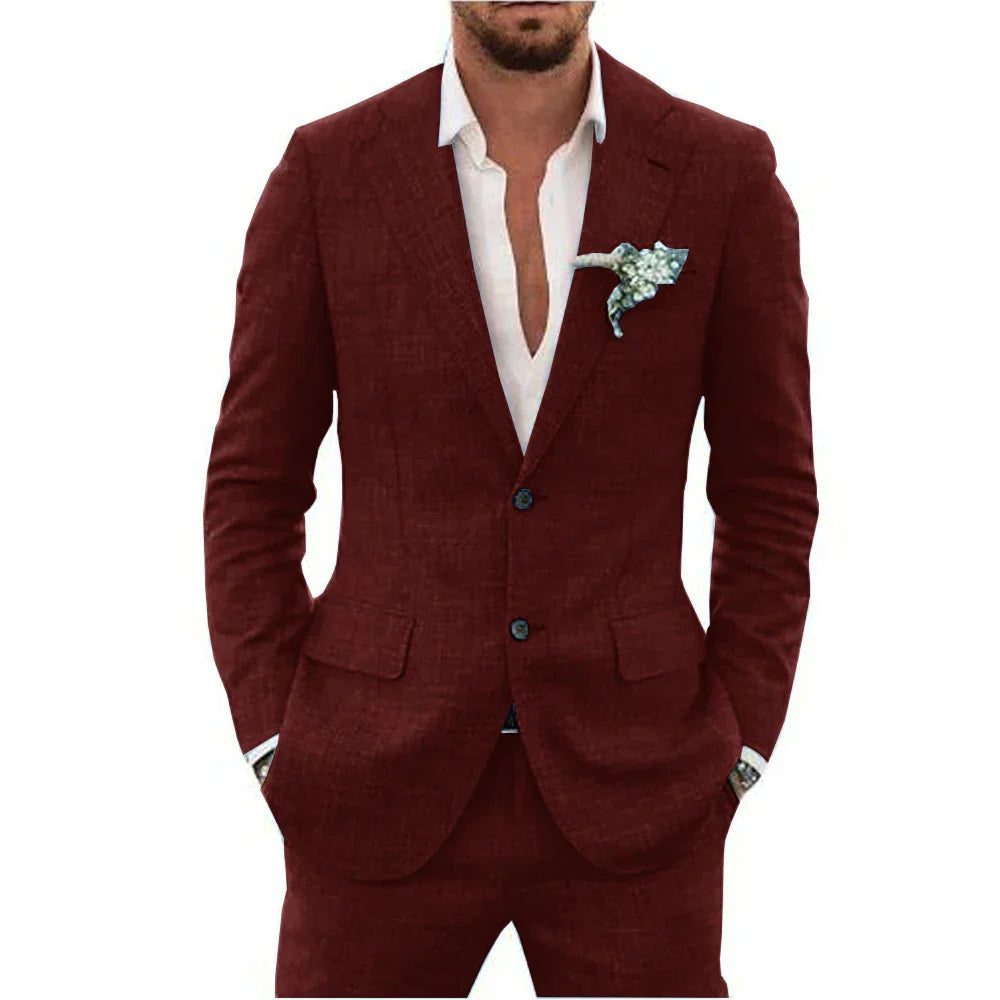 Classic men's tailored suit set, lightweight and breathable for semi-formal summer occasions.