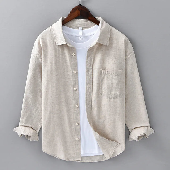 Men's lightweight white linen button-up shirt for summer casual wear