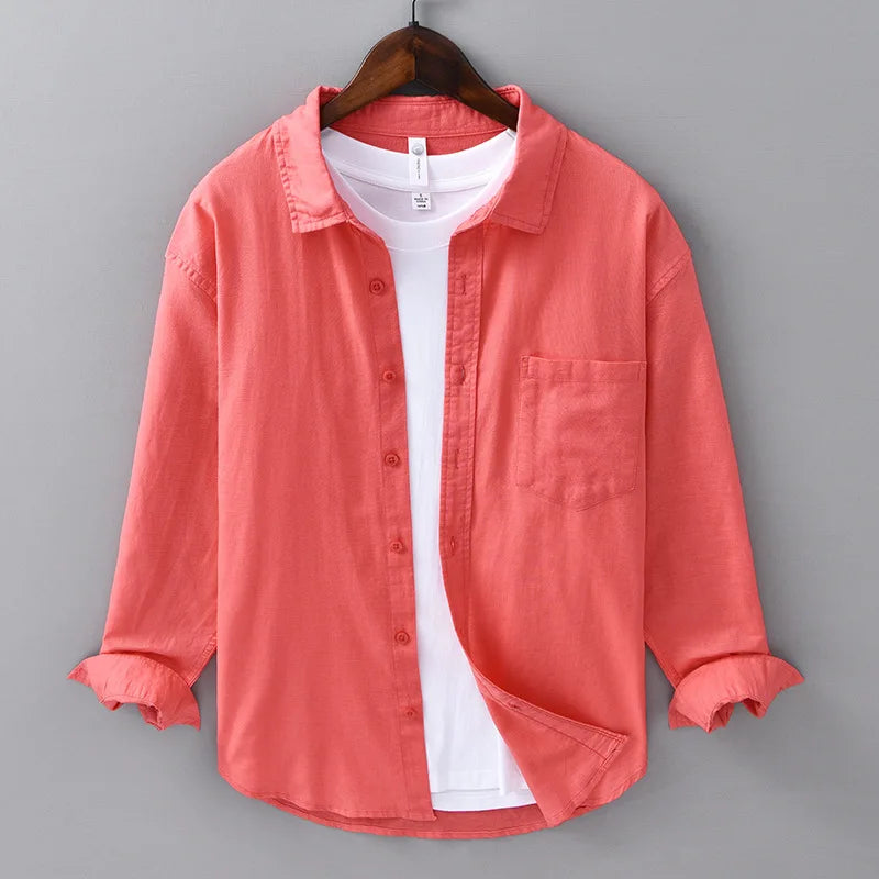 Stylish men's button-up linen shirt in a neutral color, ideal for summer fashion