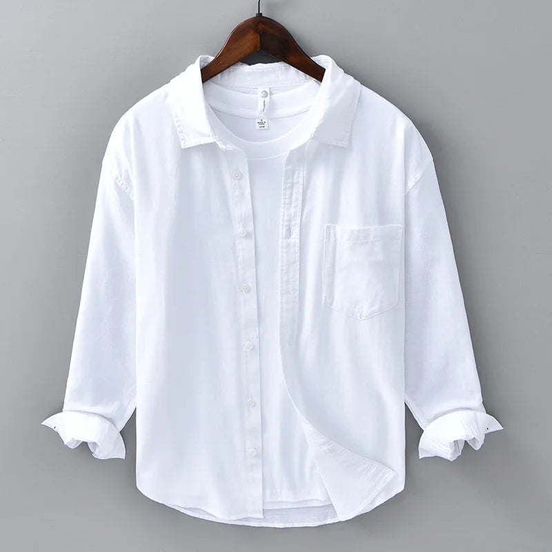 Front view of a men's long-sleeve linen shirt, airy and comfortable casual wear