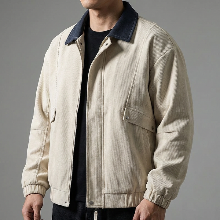 Casual men's jacket, a lightweight and durable windbreaker with a classic lapel collar for travel.