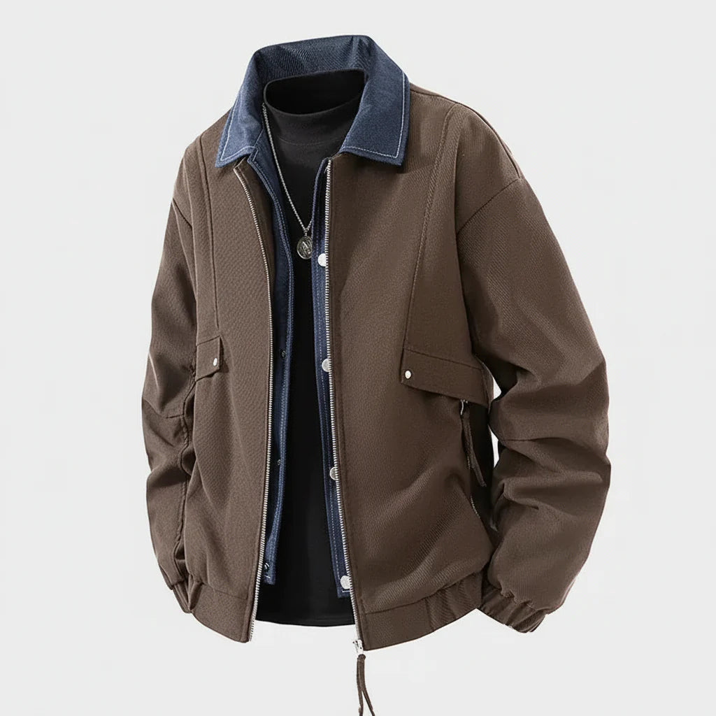 Men's travel-friendly windbreaker jacket, lightweight and durable with a functional lapel collar.