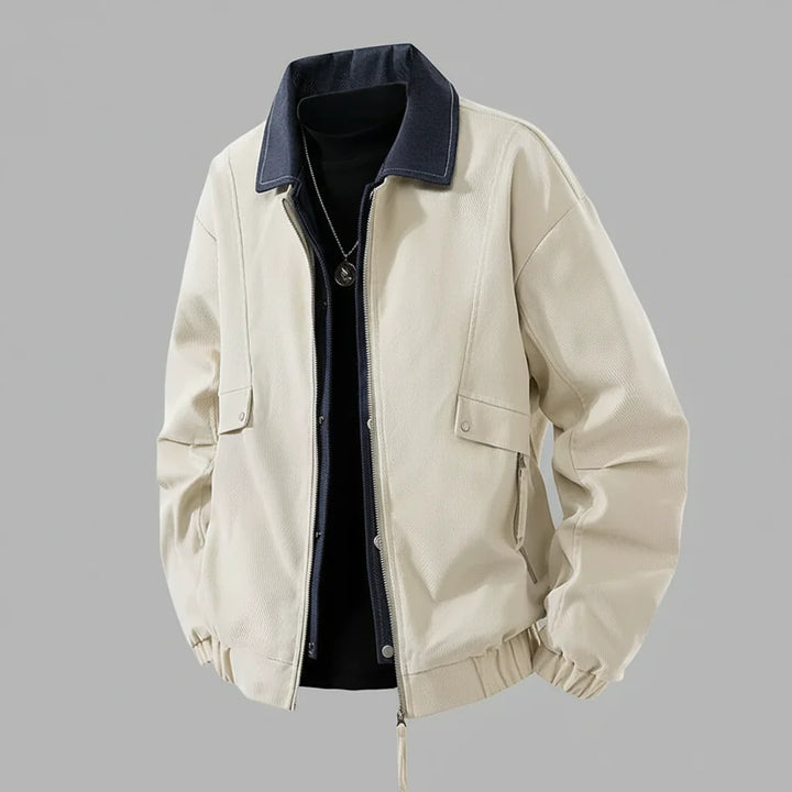 Close-up of the lapel collar on a men's lightweight windbreaker jacket, highlighting the casual style.