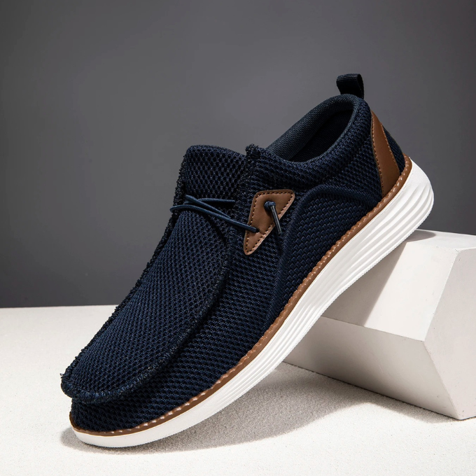 Men's lightweight loafers paired with casual pants, demonstrating versatile styling