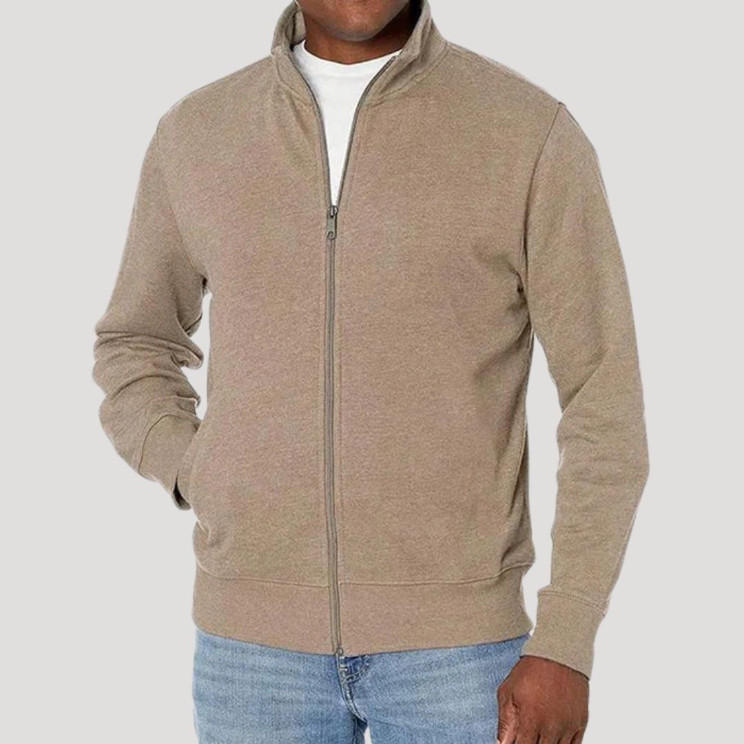 Close-up of the zipper on a men's casual spring jacket, highlighting the quality and design.