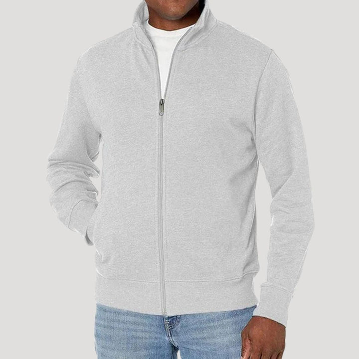 Model wearing a men's casual zip-up spring jacket, demonstrating its fit and versatility for everyday wear.