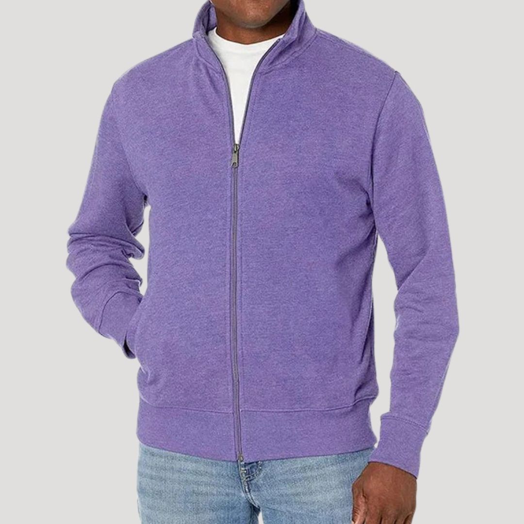 Folded men's lightweight zip-up jacket, showing its compact nature and ease of storage for travel.