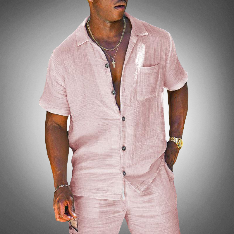 Lightweight, breathable men's linen blend two-piece loungewear set with short sleeves & shorts for summer.