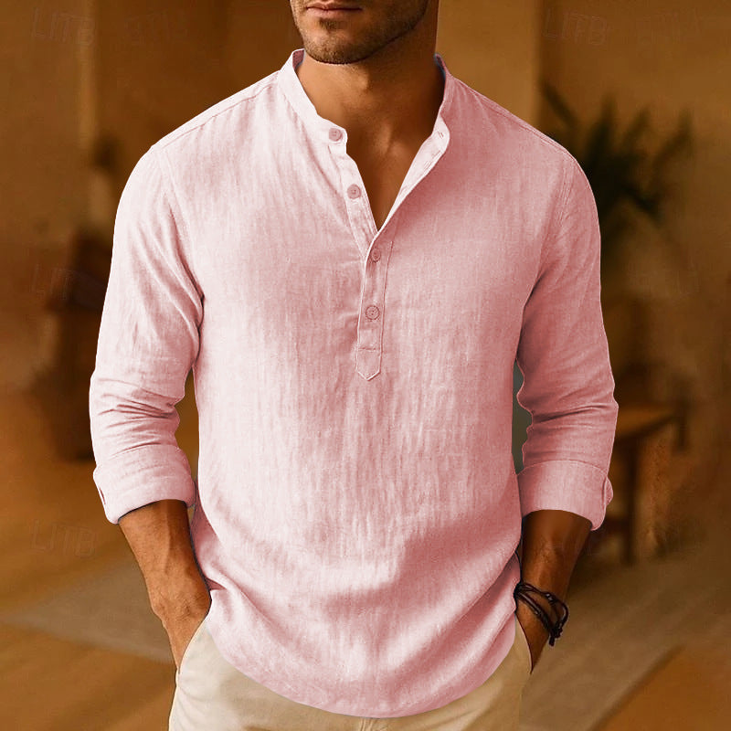Stylish beige men's long sleeve shirt featuring a unique band collar, ideal for versatile casual fashion.