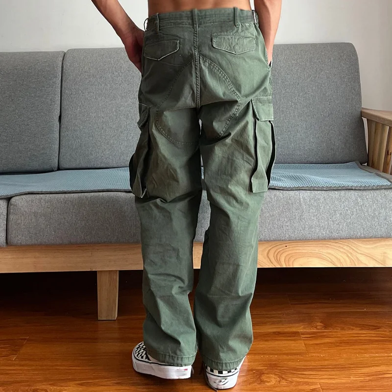Blue men's washed loose fit chino cargo pants, offering relaxed comfort & practical utility.