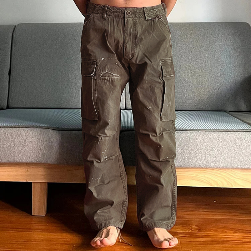 Comfortable loose fit men's washed chino cargo pants, durable for everyday & outdoor activities.