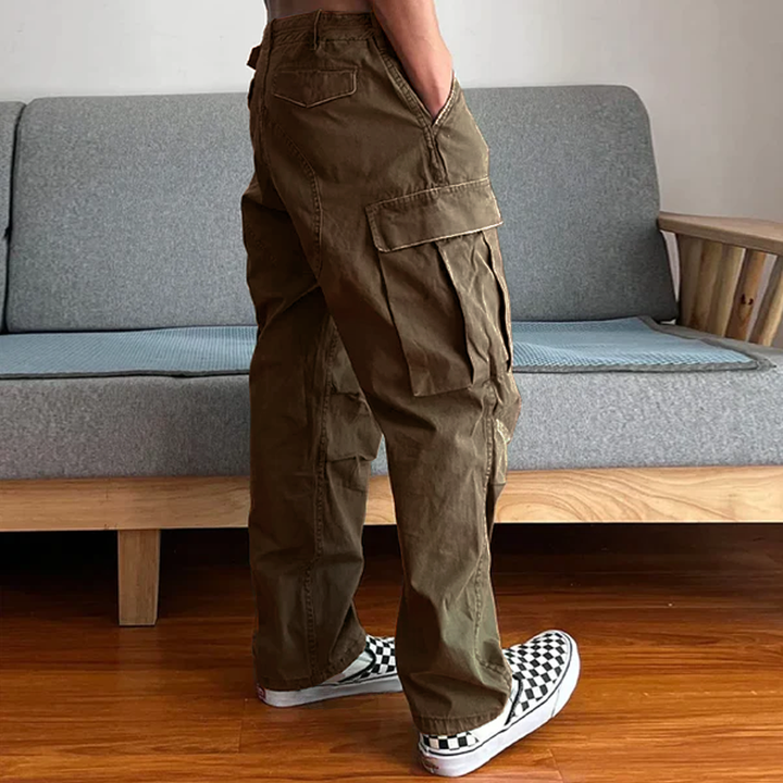 Versatile men's loose fit washed cargo chino pants, suitable for casual, utility, & outdoor wear.