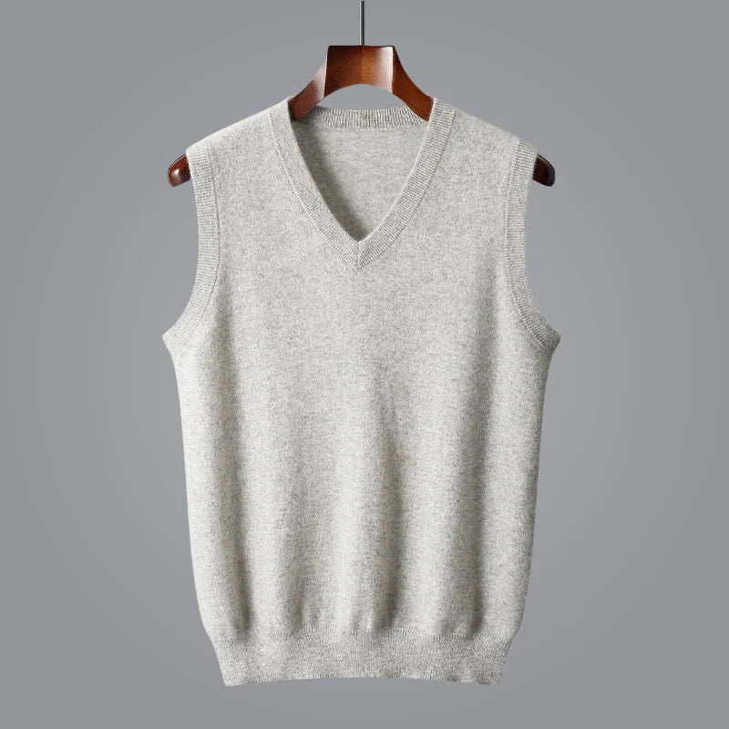 Close-up of a men's cashmere v-neck sweater vest, highlighting the fine knit and premium texture.
