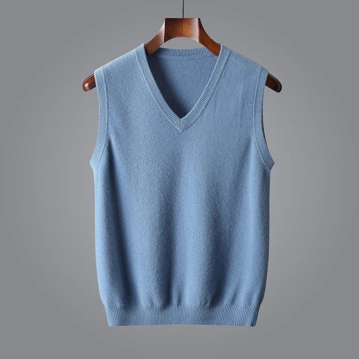 Elegant men's brown v-neck cashmere vest, showcasing its luxurious fabric and timeless design.