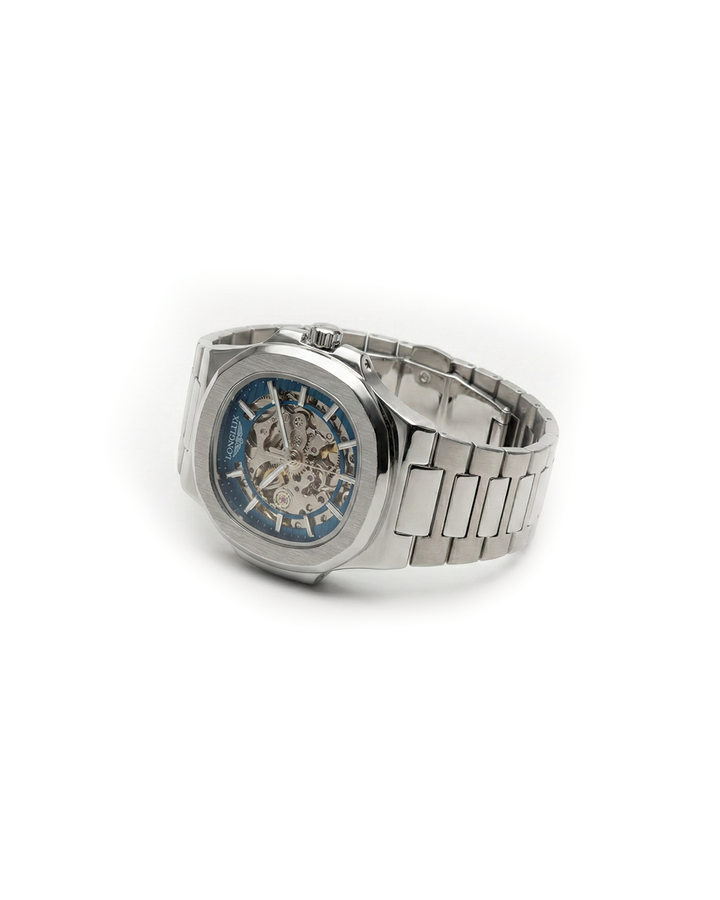 Men's luxury automatic skeleton mechanical watch with stainless steel case & visible gears