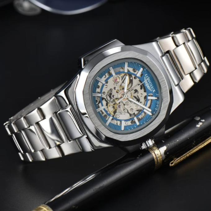 Stylish men's fashion watch: automatic skeleton mechanical with polished stainless steel finish