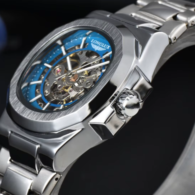 Side view of a men's automatic mechanical skeleton watch, highlighting its sophisticated design