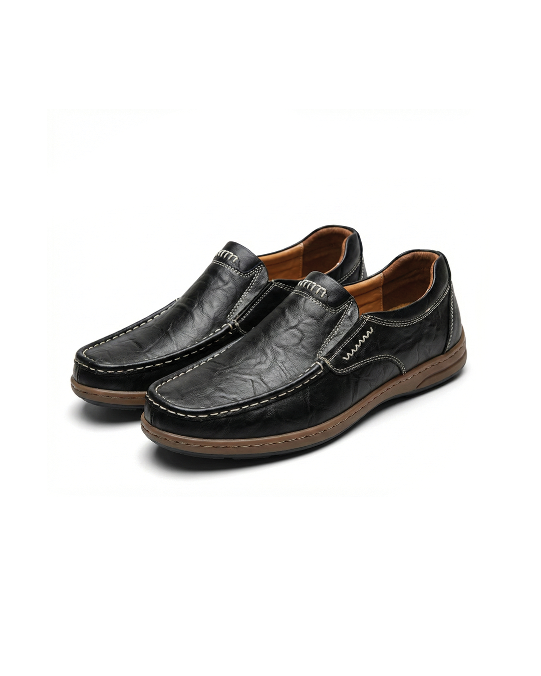 Men's luxury black leather loafers with classic stitching, ideal for casual and dress wear.