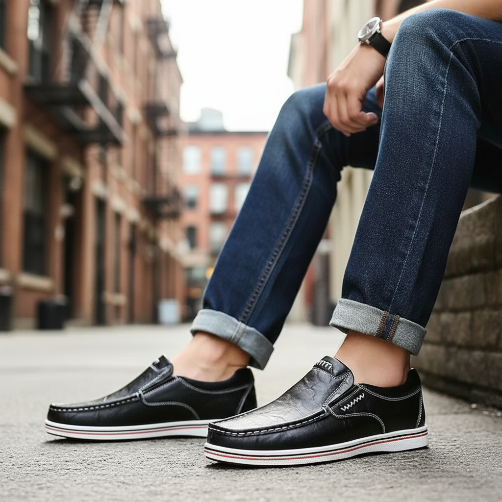 Dark blue men's luxury leather loafers, perfect for adding a stylish touch to any outfit.