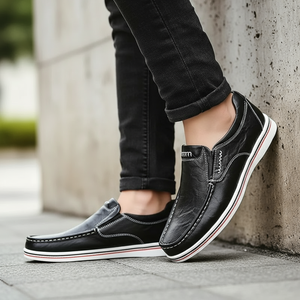 Side view of a men's casual leather loafer, emphasizing its slip-on design and comfort.