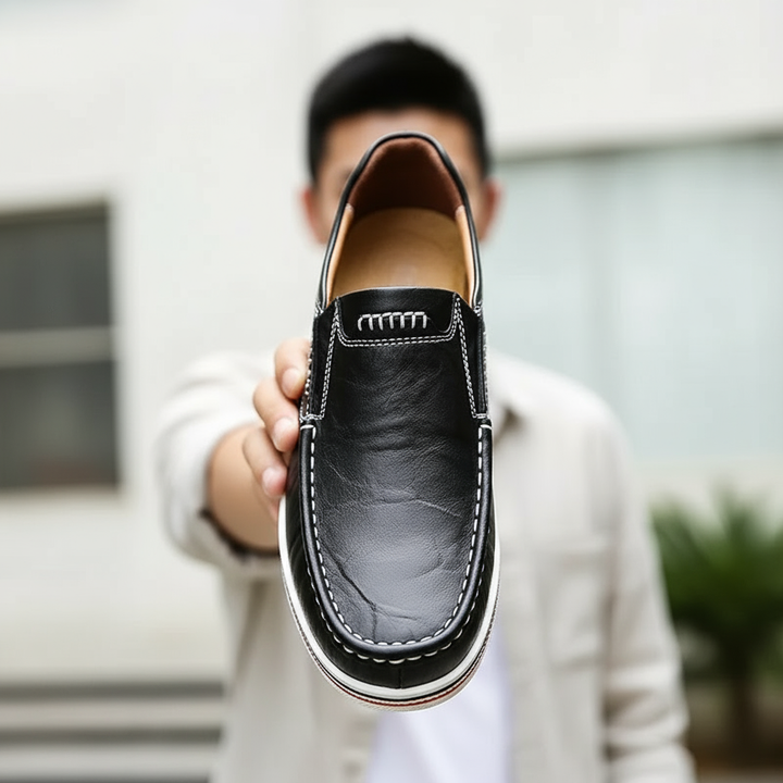 Stylish men's black leather slip-on loafers, designed for ultimate comfort and elegance.