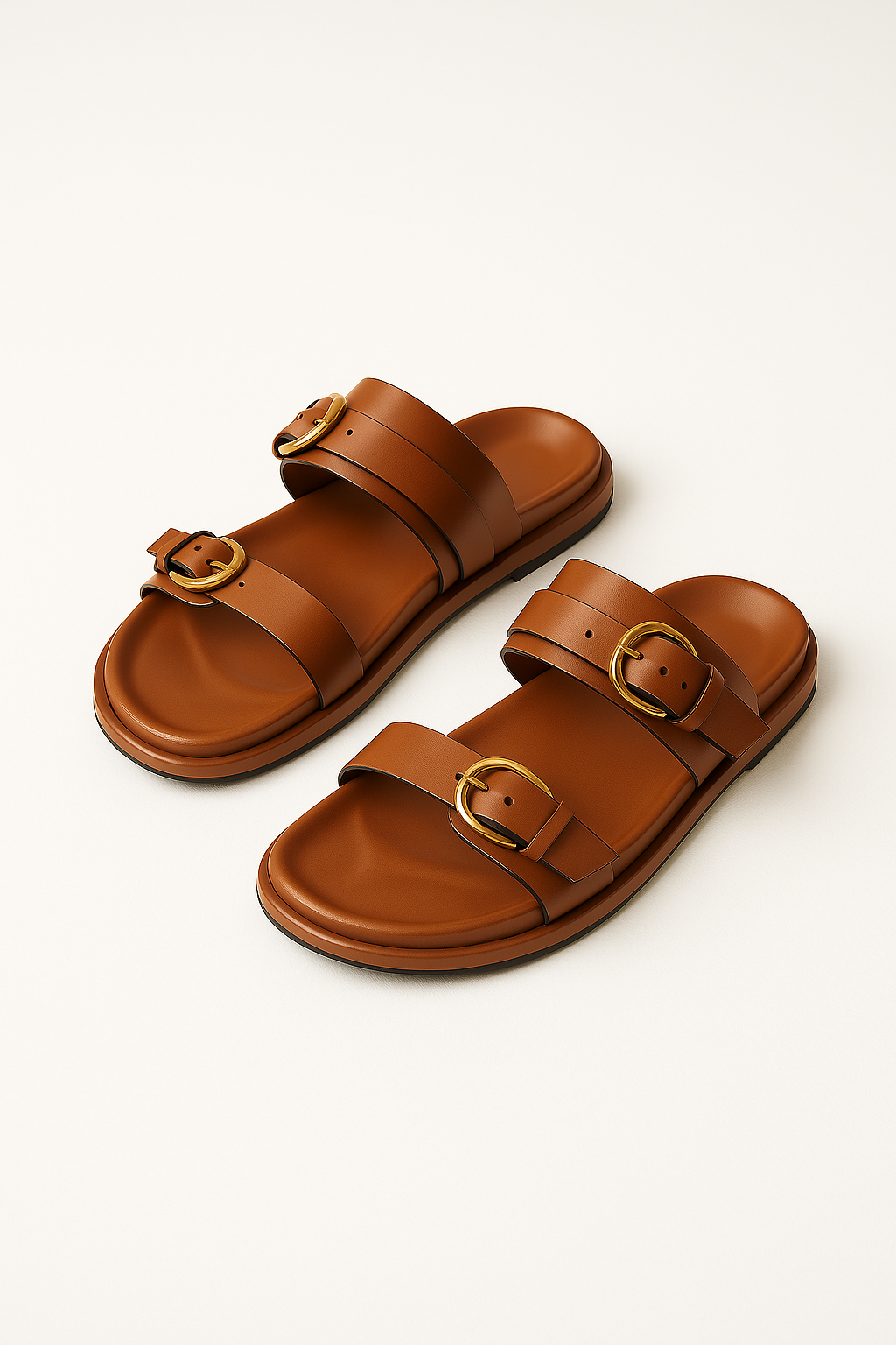 Pair of men's brown leather slide sandals on a white background, casual slip-on