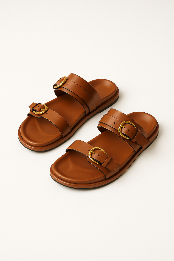 Pair of men's brown leather slide sandals on a white background, casual slip-on