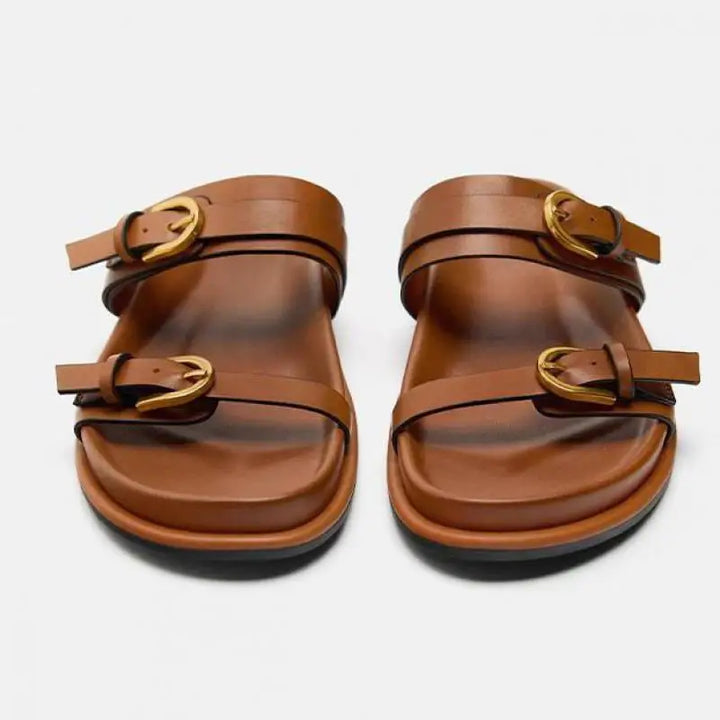 Top view of men's casual leather slides, comfortable footwear for daily wear