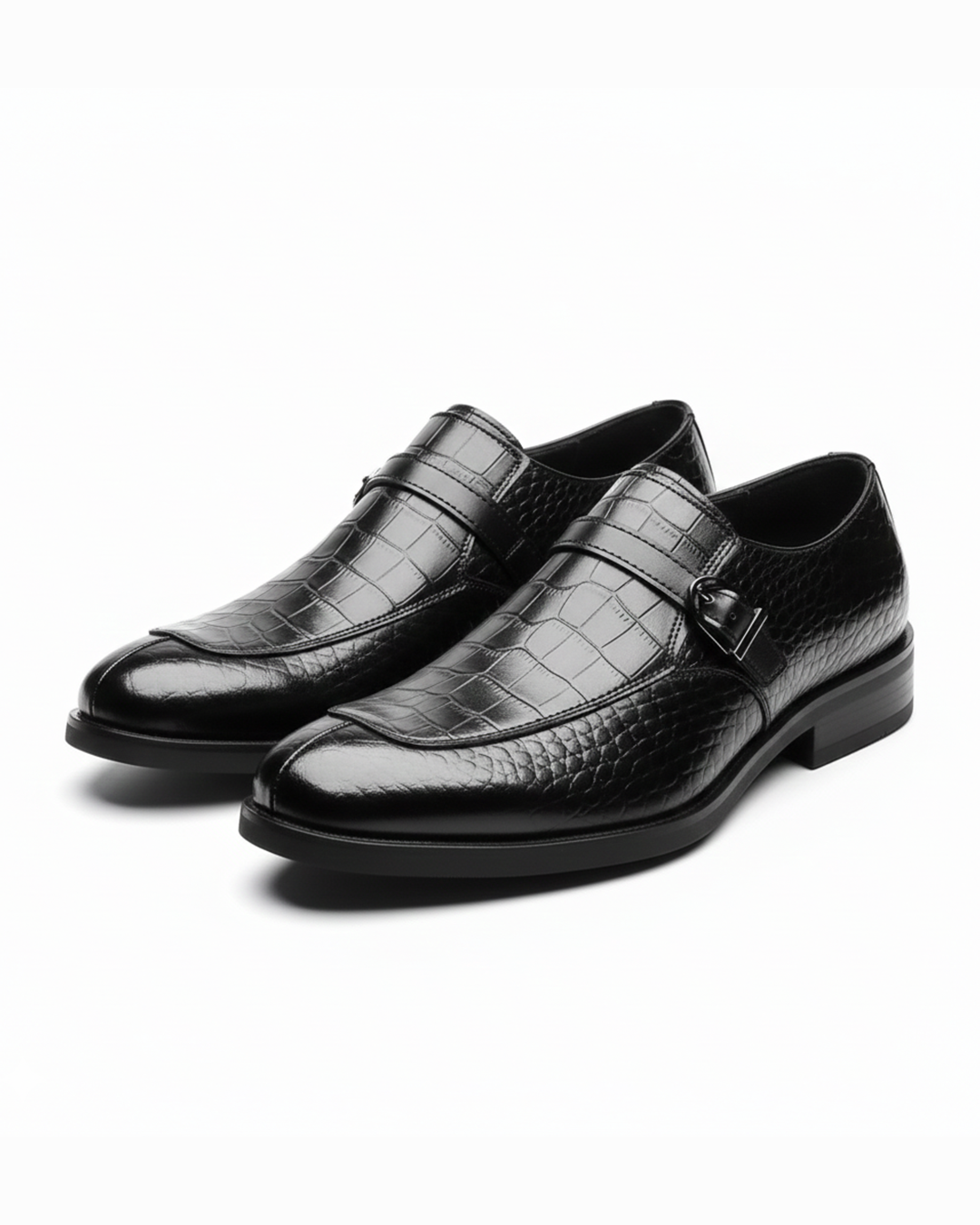 Men's luxury black monk strap loafers in crocodile texture, ideal for formal wear and executive events.